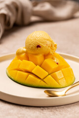 Natural mango ice cream on a slice of ripe mango