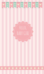 pink delicate card for a girl with a striped background and flags