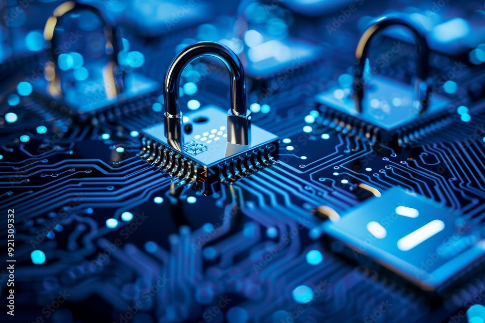 Poster a padlock securely fastened on a circuit board, symbolizing advanced data security measures, integra