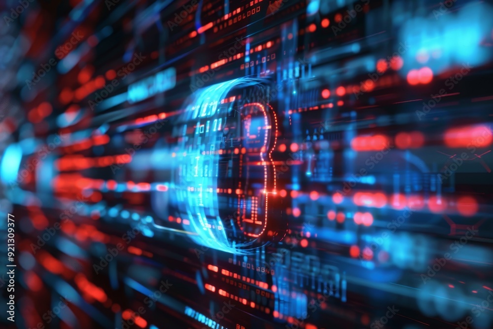 Poster a digital code is illuminated against a dark backdrop, integrating advanced technologies to prevent 