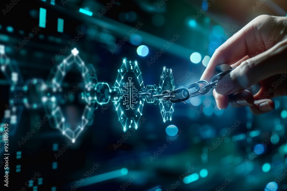 Poster a person holds a chain in front of a digital backdrop, integrating ai and blockchain into financial 