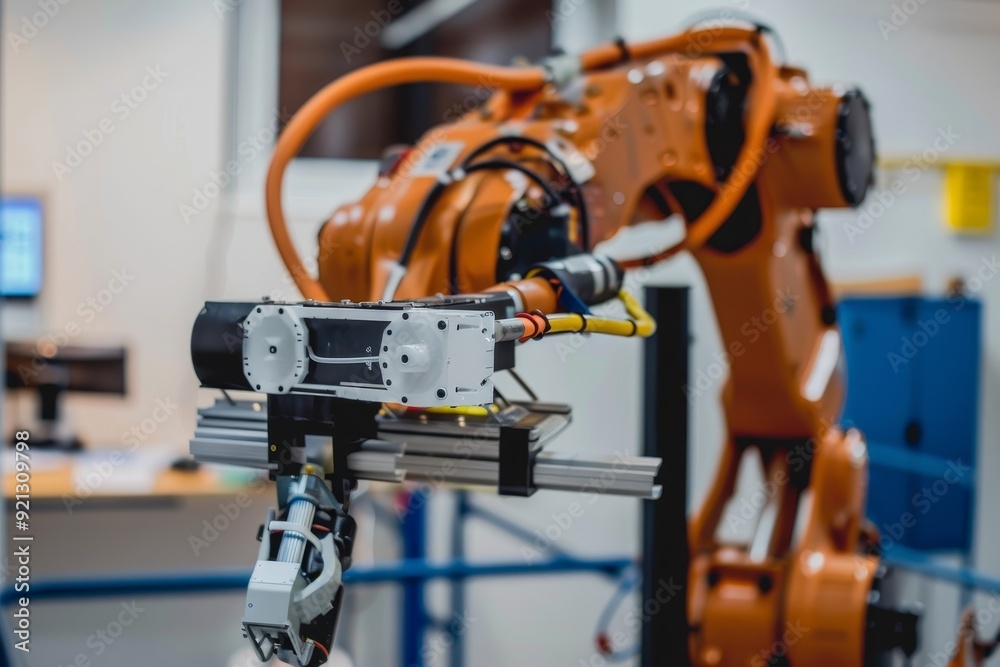 Poster an orange robot is actively working on tasks in a factory setting, integration of robotics in constr