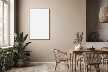 Fototapeta premium Minimalist Kitchen interior with Poster Mockup created with Generative AI