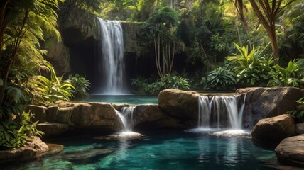 Fototapeta premium A crystal-clear waterfall cascading into a tranquil pool surrounded by lush greenery