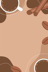 Coffee abstract background with coffee cup, coffee beans and cinnamon layout. Flat vector illustration.