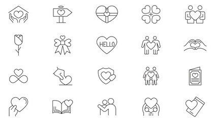 Heart and love line icon collection. Heartbeat, romantic, health care, world, charity and donation icon set. UI outline icons pack