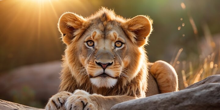 Portrait of lion standing on Jungle With Soft Blour And Sunray Nature Background