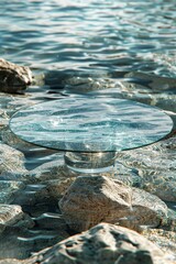 photo of empty round stand mockup, glass round stand from the water occupying 1/6 view, ray tracing ambient occlusion, super resolution, crazy details and complexity, generative ai