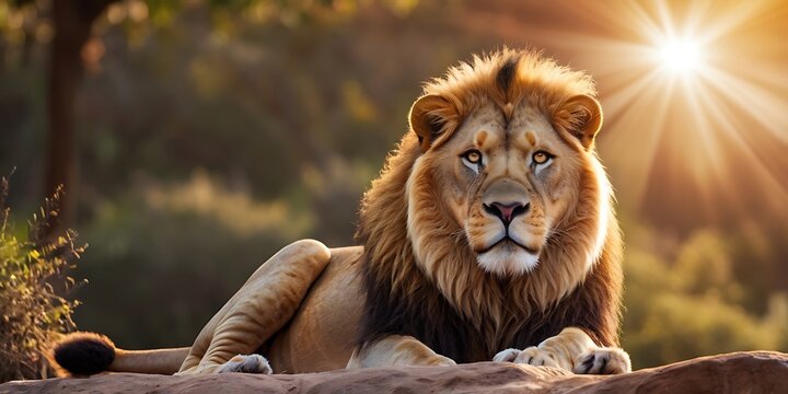 Portrait of lion standing on Jungle With Soft Blour And Sunray Nature Background
