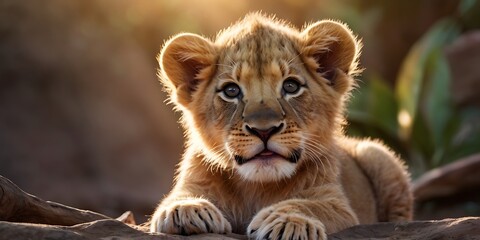 Portrait of lion Cub standing on Jungle With Soft Blour And Sunray Nature Background