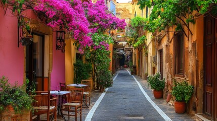 Fototapeta premium Narrow cobblestone street in vibrant old town with pink flowers. Charming buildings line the road. An inviting outdoor cafe setup. Perfect for travel and architectural websites. 