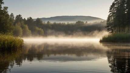 Fototapeta premium A peaceful summer morning with mist rising off a quiet lake