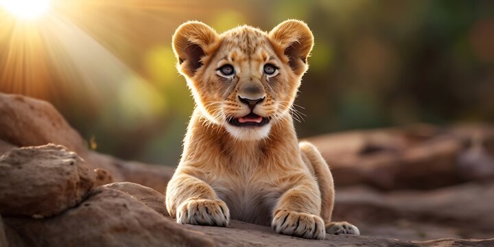 Portrait of lion Cub standing on Jungle With Soft Blour And Sunray Nature Background