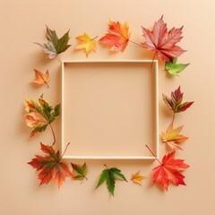 photo showcasing an autumn-themed composition with a frame crafted from fall leaves, set against