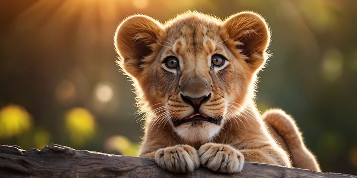 Portrait of lion Cub standing on Jungle With Soft Blour And Sunray Nature Background