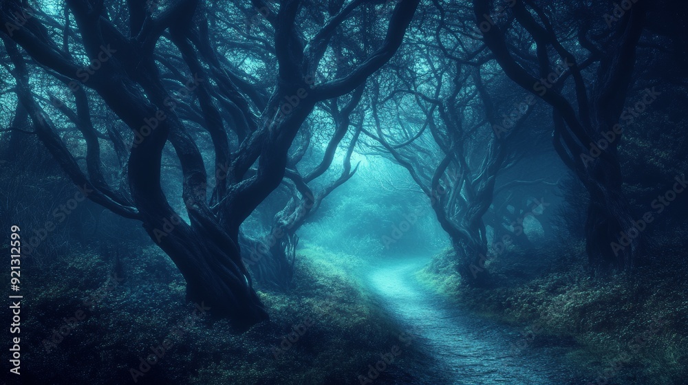 Canvas Prints creating an atmosphere of mystery and dread, a strange, foggy forest with twisted trees and a path l