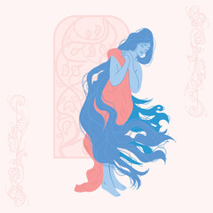 Artisan vector artwork of a female figure in Art Nouveau style, including ornamental and floral features, classical art, and current fashion design, long hair.
