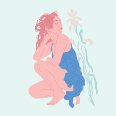 Hand-drawn vector portrait of a woman in Art Nouveau style, with floral and decorative elements, classical art influences, and modern fashion template.