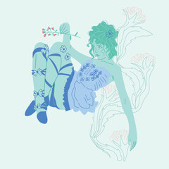 Hand-drawn vector art of a woman in Art Nouveau style, decorated with floral and ornamental elements, classical art, modern fashion layout.