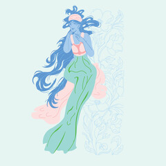 Hand-drawn vector drawing of a classic female figure in Art Nouveau style, featuring ornamental details and floral accents, classical art, and contemporary fashion template, long hair.