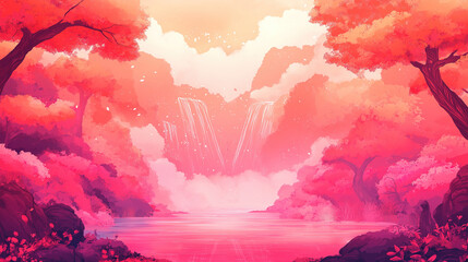 A vibrant red anime background with a dreamy atmosphere, featuring soft lighting and whimsical elements, creating a colorful cartoon vector illustration, bright and cheerful