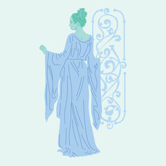 Vector illustration created manually of a classic female in Art Nouveau style, with ornamental decorations and floral patterns, classical art and modern fashion template.