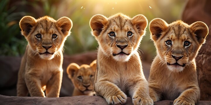 Portrait of lion Cub standing on Jungle With Soft Blour And Sunray Nature Background
