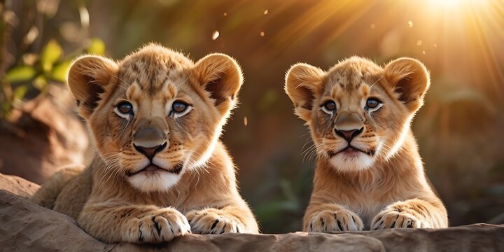 Portrait of lion Cub standing on Jungle With Soft Blour And Sunray Nature Background