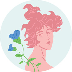 Icon of a female face, designed in Art Nouveau style with Victorian and Art Deco influences, in vector art.