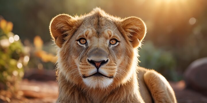 Portrait of lion standing on Jungle With Soft Blour And Sunray Nature Background