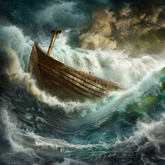photo showing Noah's Ark forging through the waters of Genesis flood, its sturdy vessel breaking