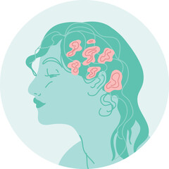 Female face icon in a fusion of Art Nouveau, Art Deco, and Victorian styles, presented in vector art.