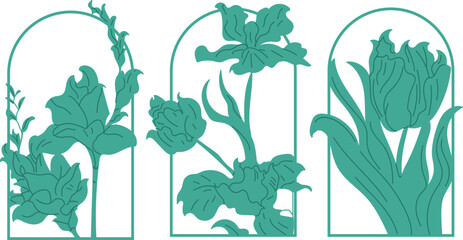 Set of intricate Art Nouveau plants, modern and ornate, for use in graphic resources, classical and Art Deco art, hand-drawn vector art.