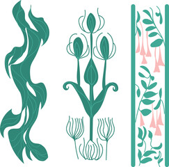 Compilation of modern plants in Art Nouveau style, with ornamental features for graphics, classical art, Art Deco, and hand-drawn vector artwork.