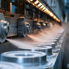 Metal parts undergoing powder coating in an industrial factory, enhancing durability and appearance
