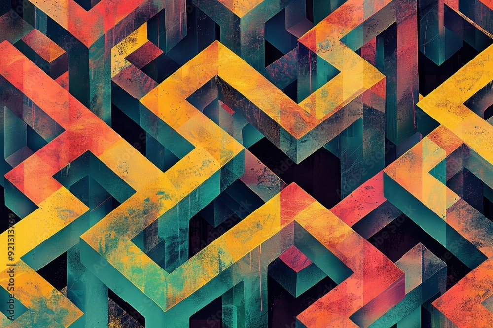 Poster interlocking shapes and repeating patterns create a vibrant and dynamic abstract design, interlockin