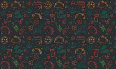 Mexican tradition Food Vector Seamless pattern. Hand drawn doodle Tequila, corn tortilla, taco, burritos, guacamole, nachos corn chips
