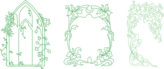 Series of green ornaments featuring the elegance of Art Nouveau and Victorian Art Deco styles, hand-drawn and available in vector format.
