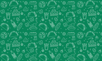 Mexican tradition Food Vector Seamless pattern. Hand drawn doodle Tequila, corn tortilla, taco, burritos, guacamole, nachos corn chips