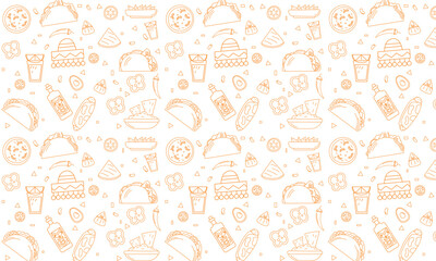 Mexican tradition Food Vector Seamless pattern. Hand drawn doodle Tequila, corn tortilla, taco, burritos, guacamole, nachos corn chips