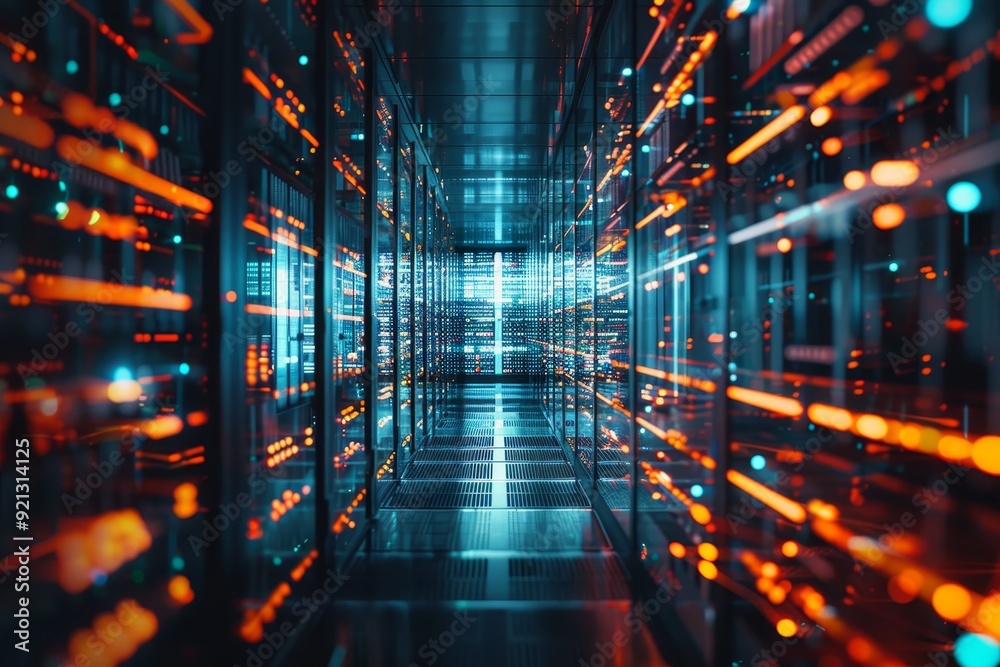 Poster brightly lit data center, interpret the concept of data backup and redundancy using ai-generated vis