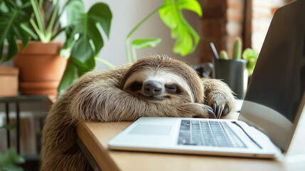 Sleepy sloth taking a nap on a laptop.
