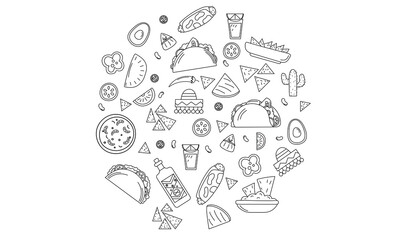 Mexican food illustrations set - burrito, tacos, quesadilla for restaurant.