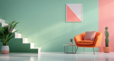Modern Living Room With Colorful Walls, Chair, Cacti, and Stairs in Daylight