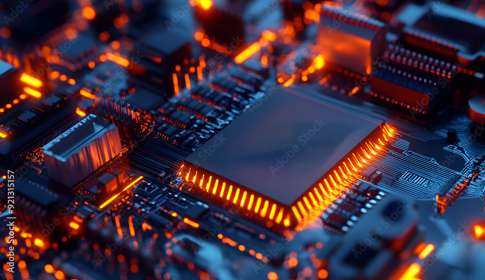 Poster a close-up view with the acronym html displayed on a microchip, representing the concept of hypertex