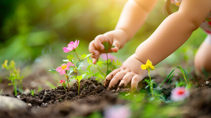 Close-up of baby girl hands carefully planting a flower tree in the home garden