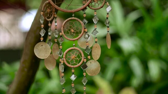 Slepping net on the tree. Wedding decoration with wooden dreamcatcher.