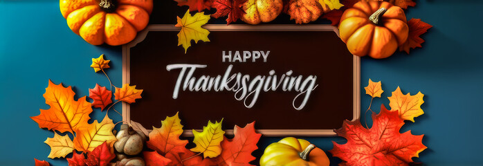 banner autumn Thanksgiving illustration with pumpkins, autumn leaves. free space for text. view from above. the inscription "Happy Thanksgiving"