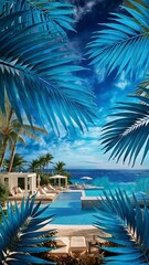 Fototapeta premium Luxury tropical background with palm leaves in blue tones
