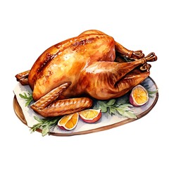 Roasted turkey meal watercolor illustration for Thanksgiving. AI generated